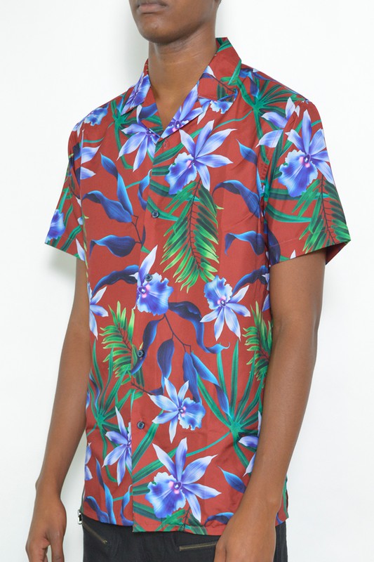 Men's Tropical Red Button Down Shirt Print